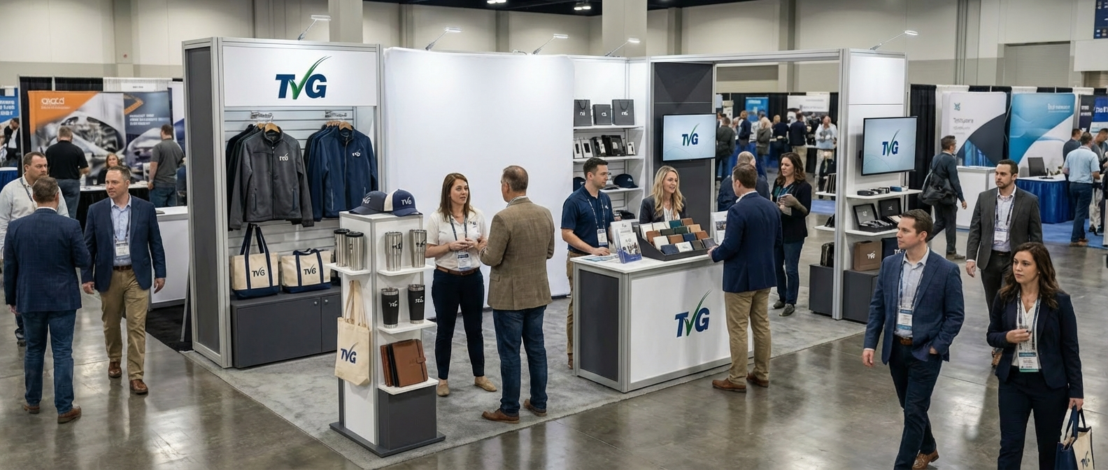Branded merchandise displayed at a trade show booth