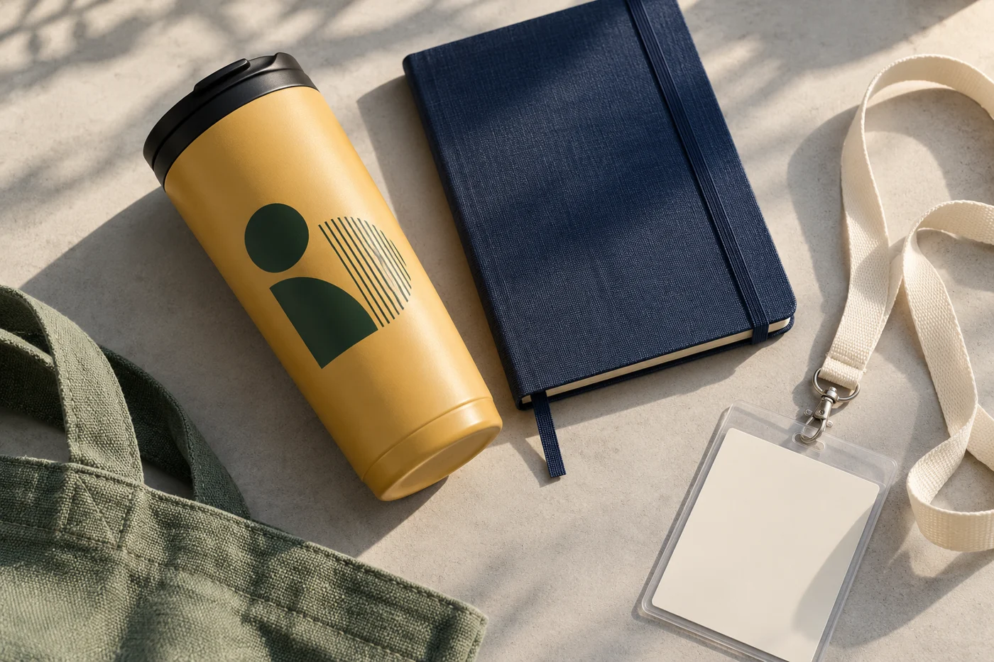 Illustrative tumbler, notebook and lanyard for an event