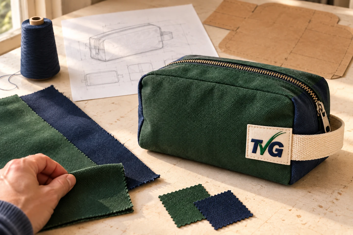 Custom-product concept showing a forest-green TVG pouch with fabric swatches, construction sketch and pattern